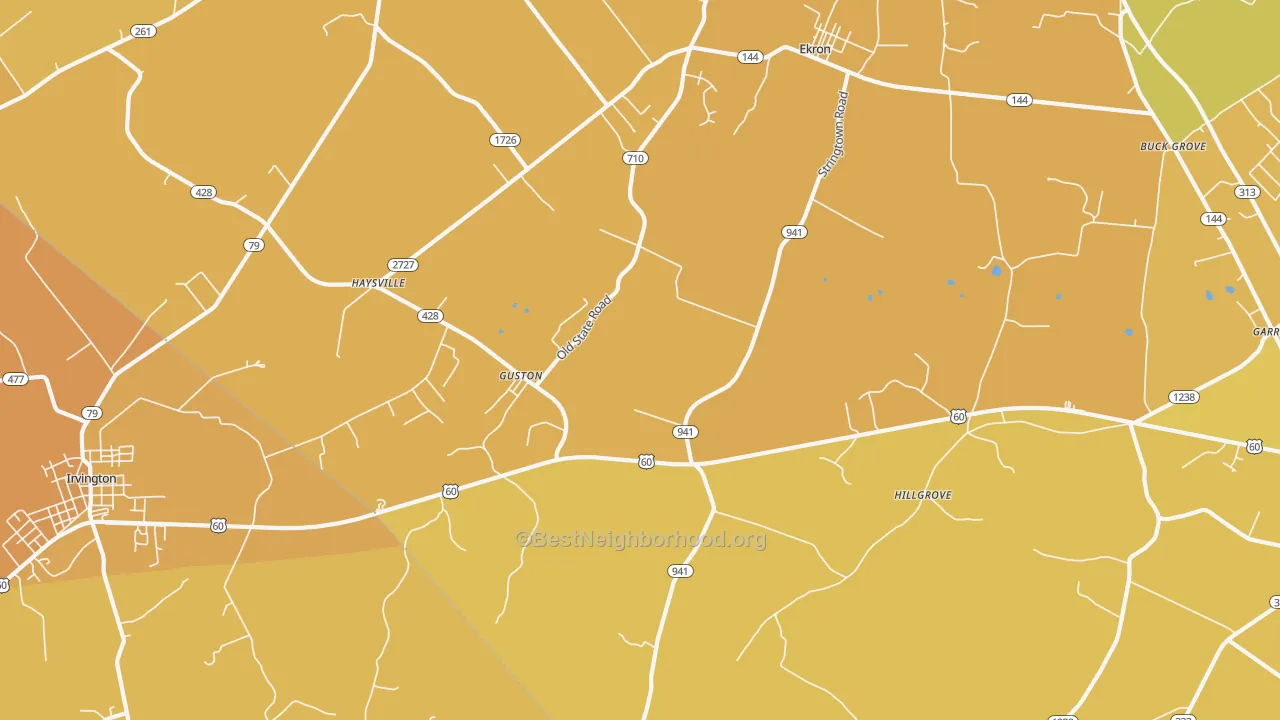 Map of the best neighborhoods in the 40142 area, with better matches in green and worse matches in red