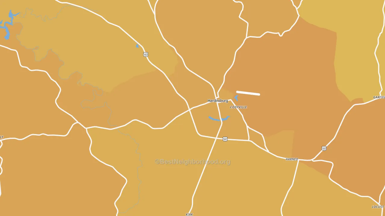 Map of the best neighborhoods in the 40143 area, with better matches in green and worse matches in red