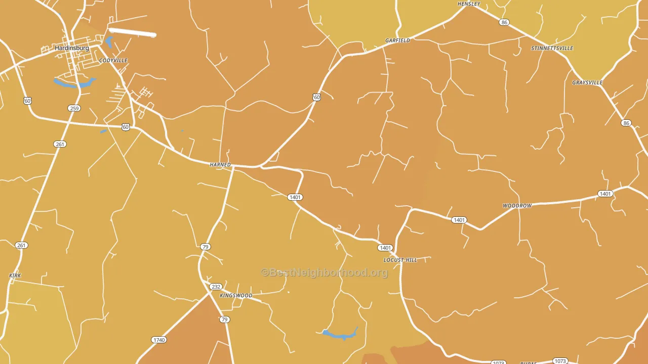 Map of the best neighborhoods in the 40144 area, with better matches in green and worse matches in red