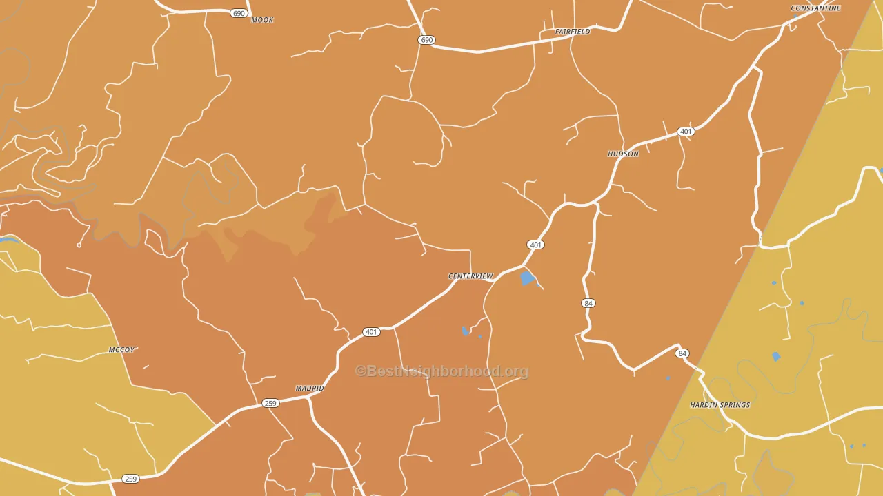 Map of the best neighborhoods in the 40145 area, with better matches in green and worse matches in red