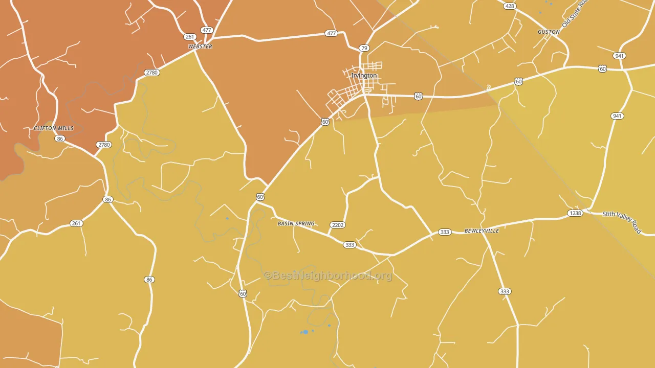 Map of the best neighborhoods in the 40146 area, with better matches in green and worse matches in red