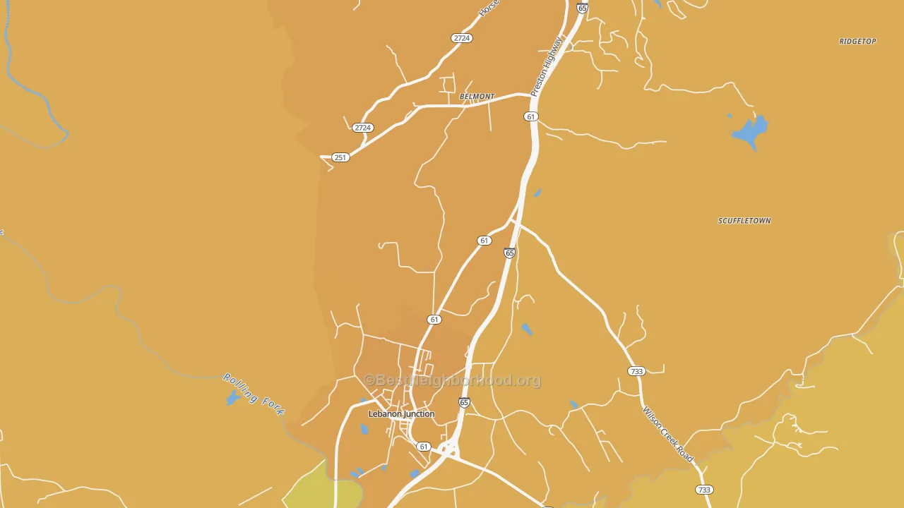 Map of the best neighborhoods in the 40150 area, with better matches in green and worse matches in red