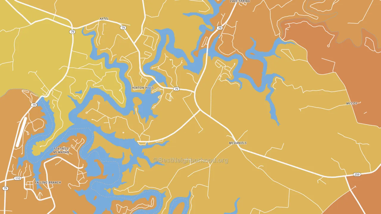 Map of the best neighborhoods in the 40152 area, with better matches in green and worse matches in red