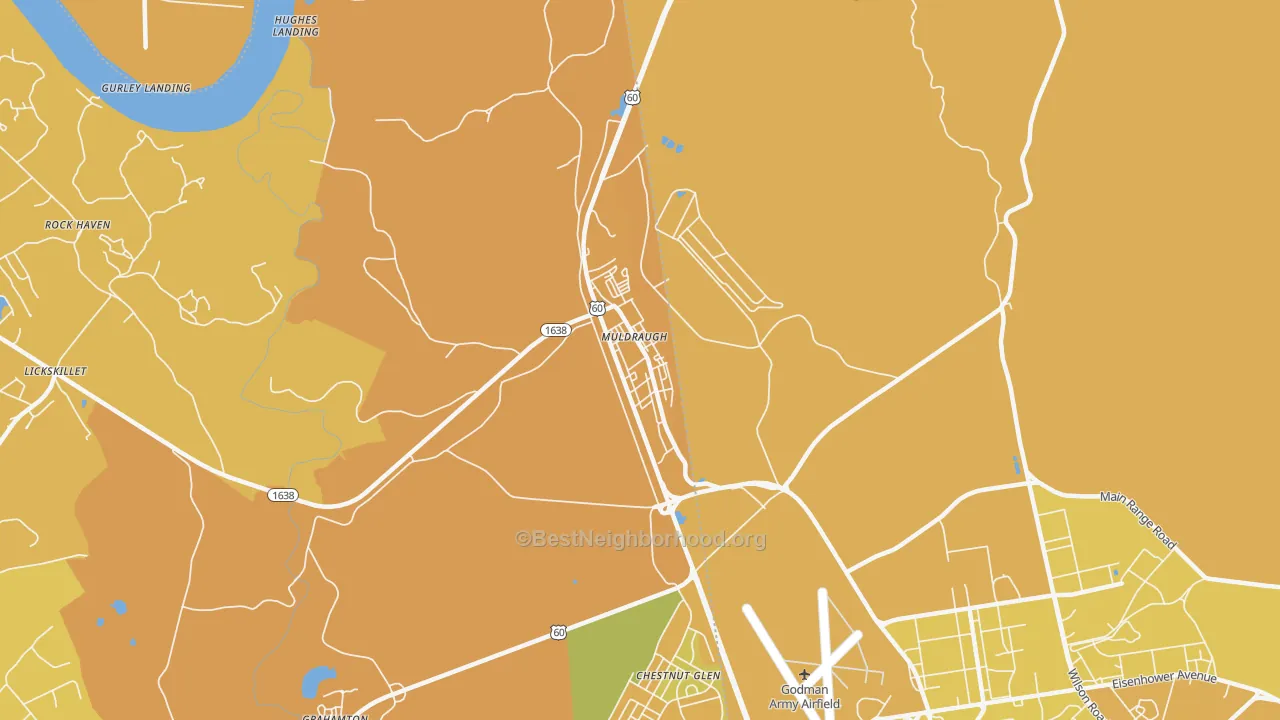 Map of the best neighborhoods in the 40155 area, with better matches in green and worse matches in red