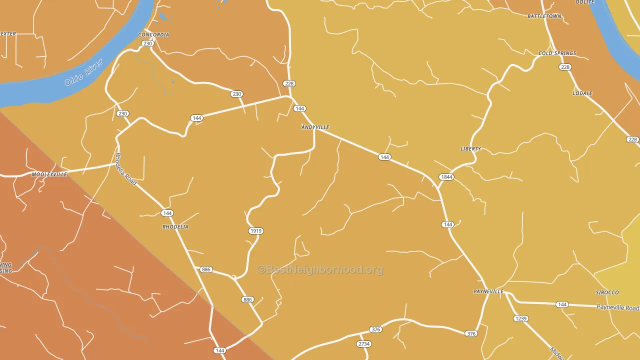 Map of the best neighborhoods in the 40157 area, with better matches in green and worse matches in red