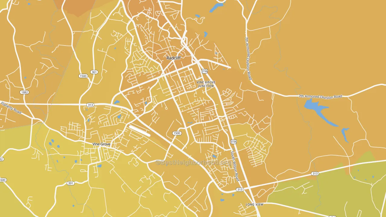 Map of the best neighborhoods in the 40160 area, with better matches in green and worse matches in red