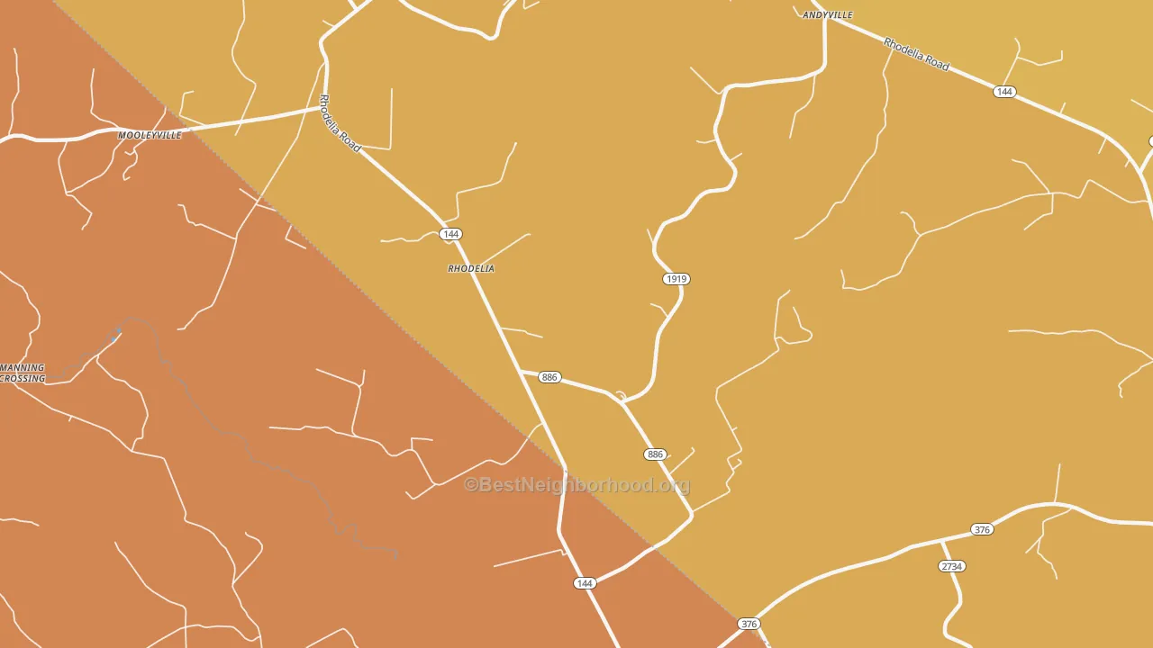 Map of the best neighborhoods in the 40161 area, with better matches in green and worse matches in red