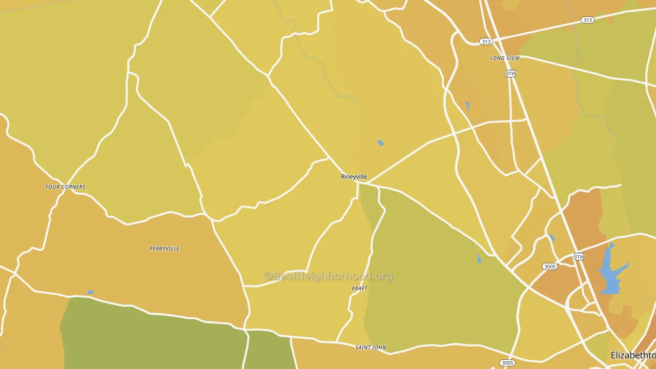 Map of the best neighborhoods in the 40162 area, with better matches in green and worse matches in red