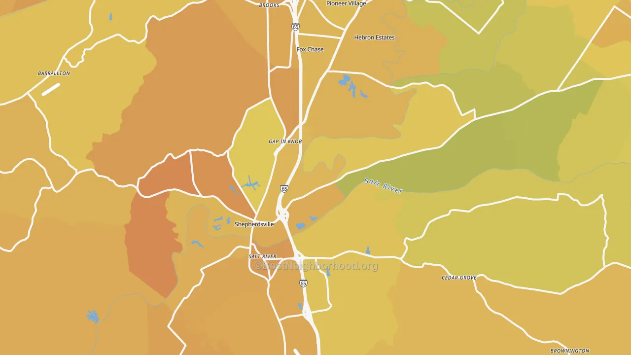 Map of the best neighborhoods in the 40165 area, with better matches in green and worse matches in red