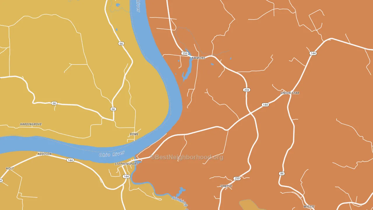 Map of the best neighborhoods in the 40170 area, with better matches in green and worse matches in red