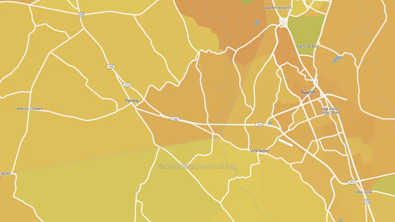 Map of the best neighborhoods in the 40175 area, with better matches in green and worse matches in red