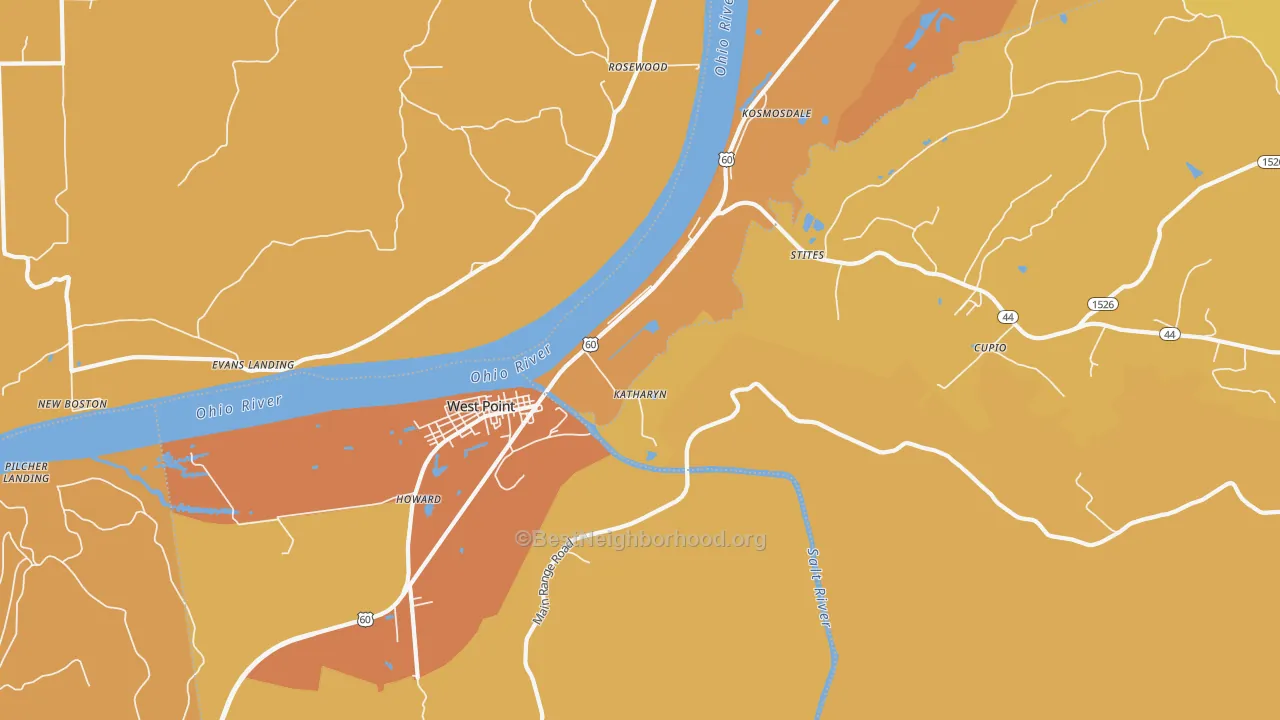 Map of the best neighborhoods in the 40177 area, with better matches in green and worse matches in red