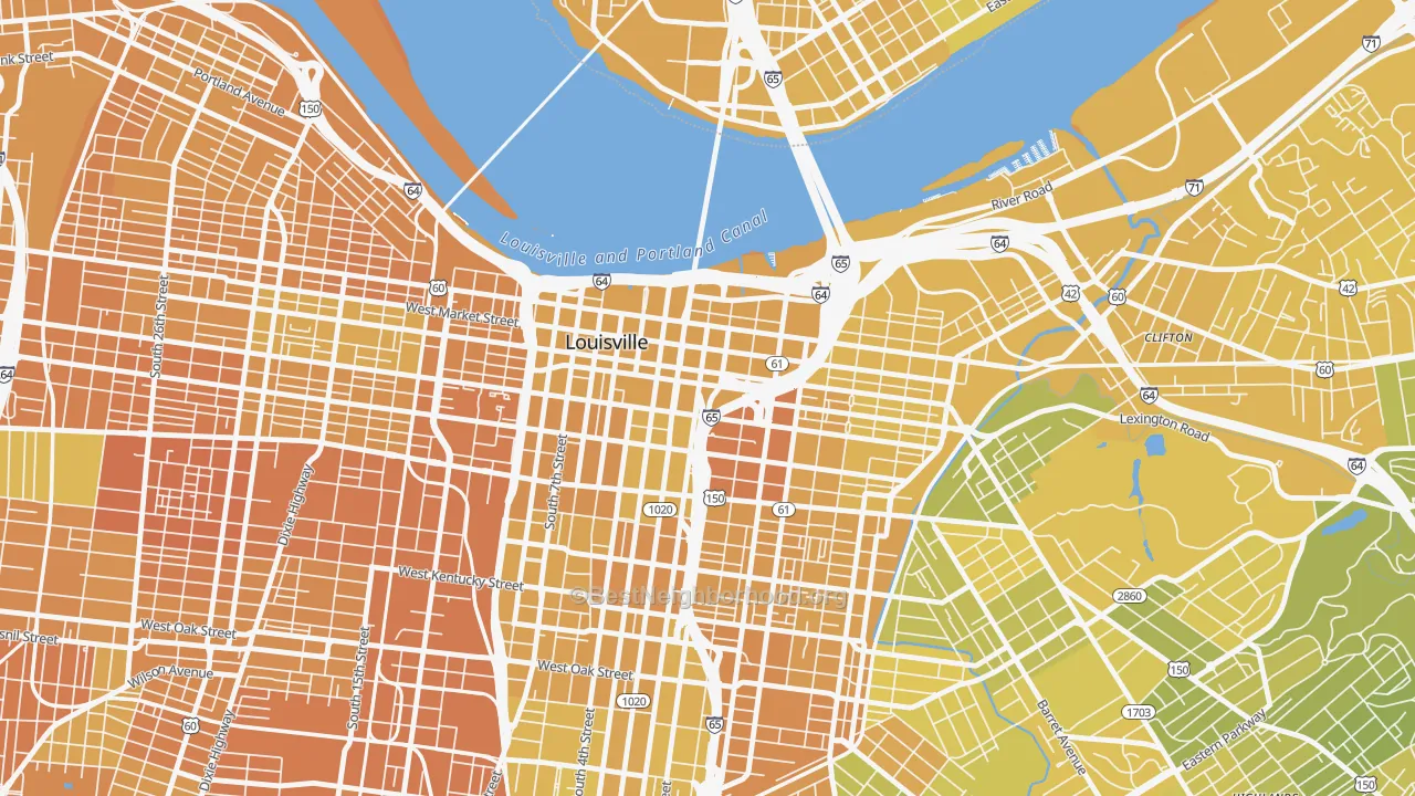Map of the best neighborhoods in the 40202 area, with better matches in green and worse matches in red