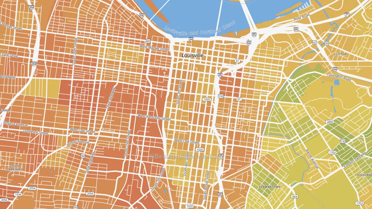 Map of the best neighborhoods in the 40203 area, with better matches in green and worse matches in red