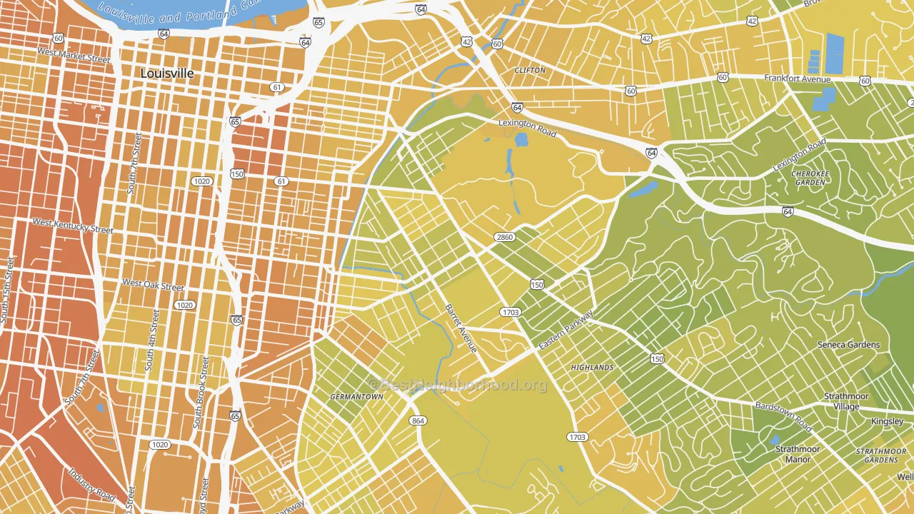 Map of the best neighborhoods in the 40204 area, with better matches in green and worse matches in red