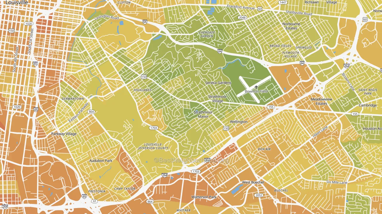 Map of the best neighborhoods in the 40205 area, with better matches in green and worse matches in red