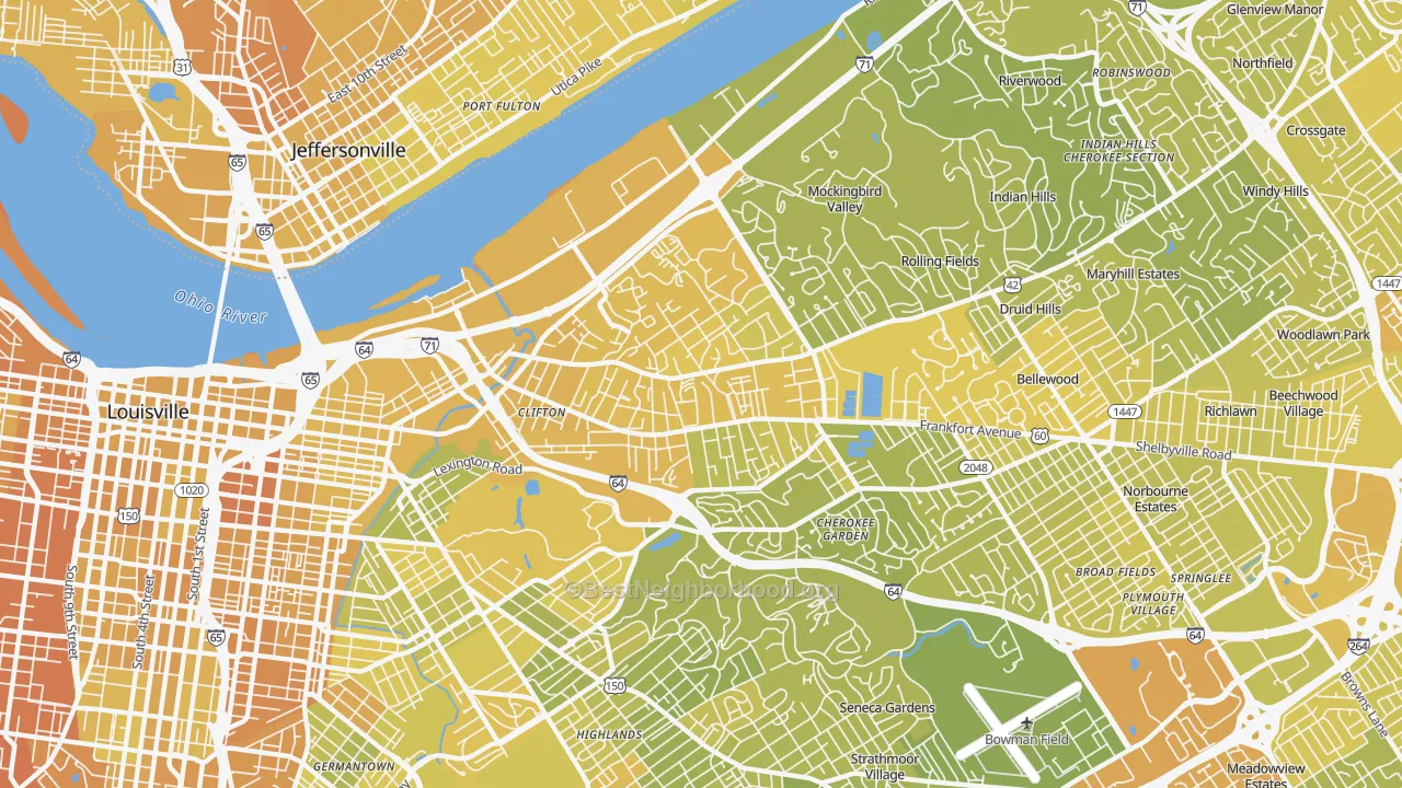 Map of the best neighborhoods in the 40206 area, with better matches in green and worse matches in red