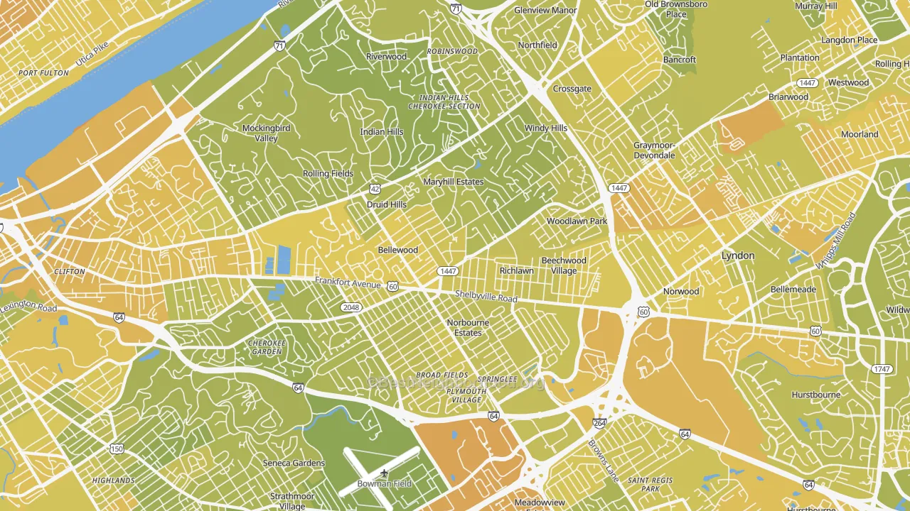 Map of the best neighborhoods in the 40207 area, with better matches in green and worse matches in red