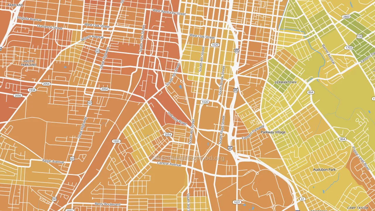Map of the best neighborhoods in the 40208 area, with better matches in green and worse matches in red