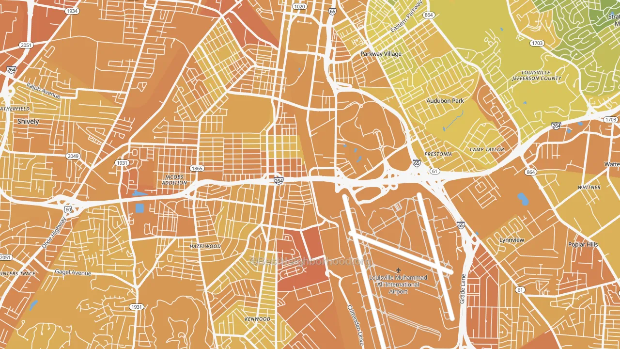 Map of the best neighborhoods in the 40209 area, with better matches in green and worse matches in red