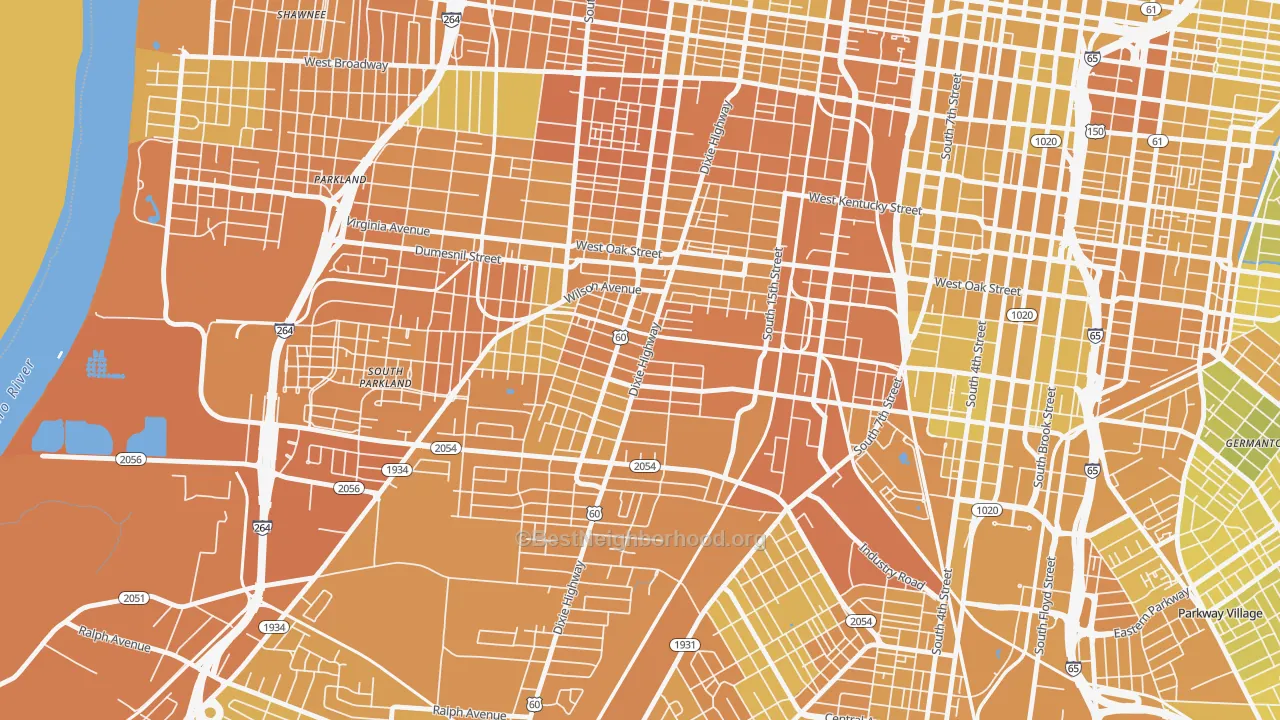 Map of the best neighborhoods in the 40210 area, with better matches in green and worse matches in red