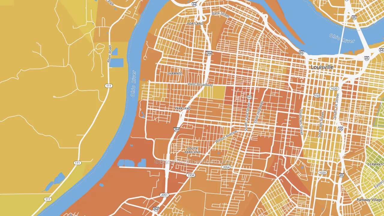 Map of the best neighborhoods in the 40211 area, with better matches in green and worse matches in red