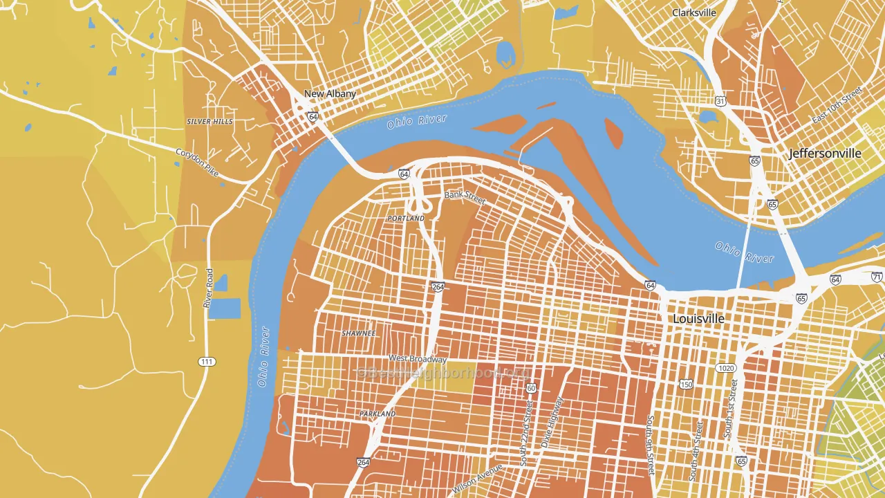 Map of the best neighborhoods in the 40212 area, with better matches in green and worse matches in red