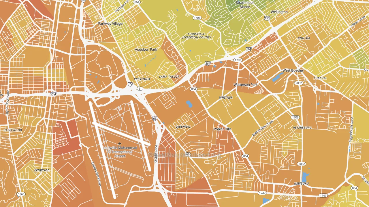 Map of the best neighborhoods in the 40213 area, with better matches in green and worse matches in red