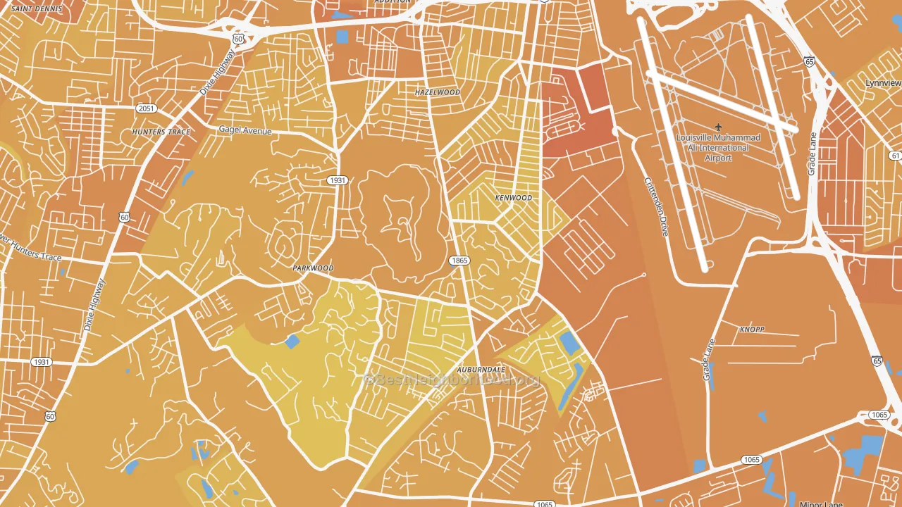 Map of the best neighborhoods in the 40214 area, with better matches in green and worse matches in red