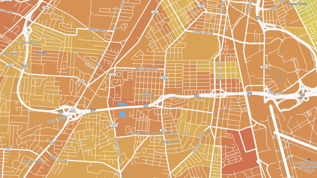 Map of the best neighborhoods in the 40215 area, with better matches in green and worse matches in red