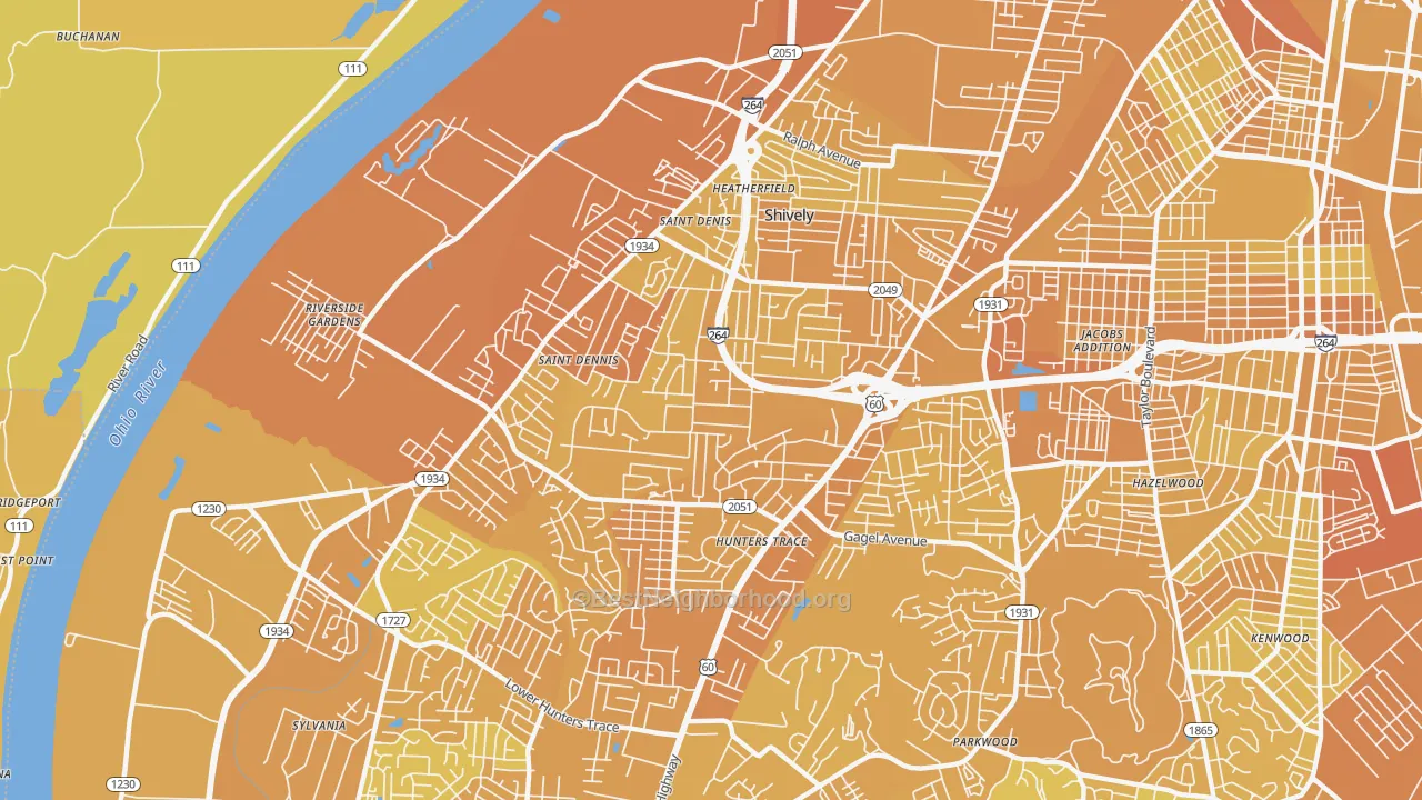 Map of the best neighborhoods in the 40216 area, with better matches in green and worse matches in red