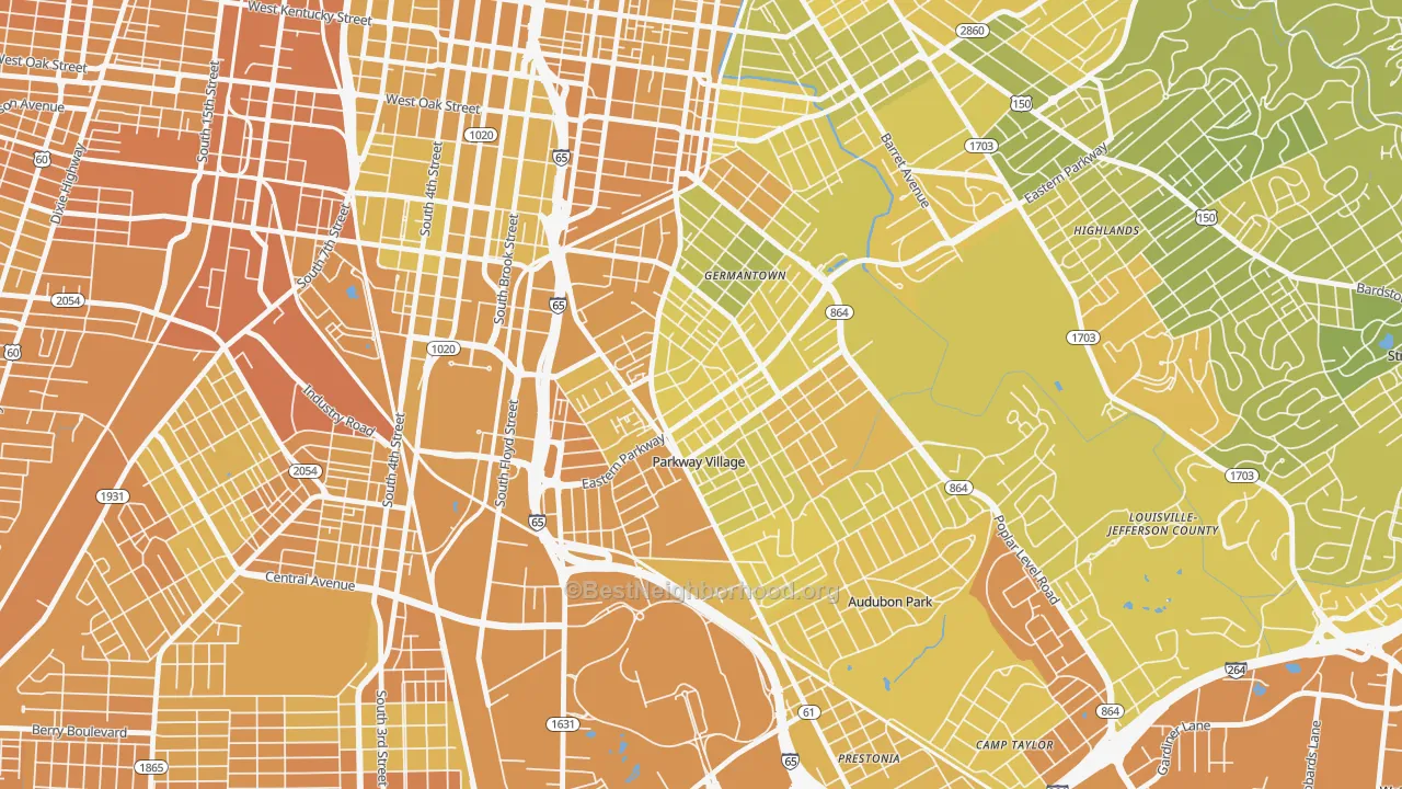 Map of the best neighborhoods in the 40217 area, with better matches in green and worse matches in red