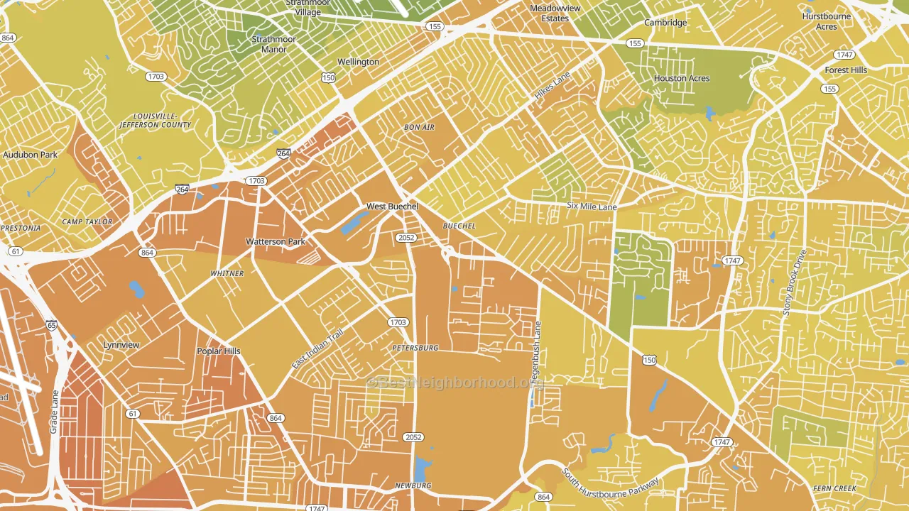 Map of the best neighborhoods in the 40218 area, with better matches in green and worse matches in red