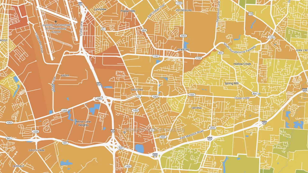 Map of the best neighborhoods in the 40219 area, with better matches in green and worse matches in red