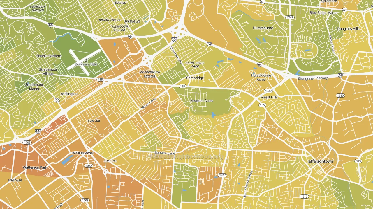 Map of the best neighborhoods in the 40220 area, with better matches in green and worse matches in red