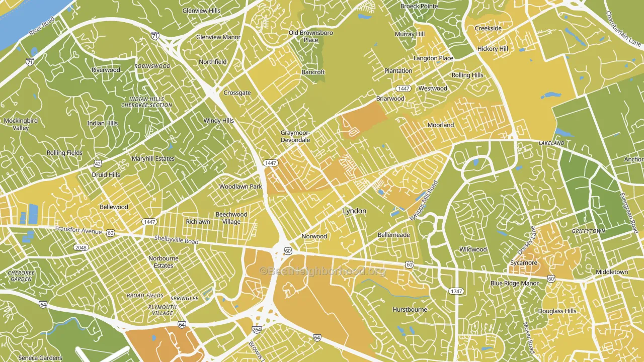 Map of the best neighborhoods in the 40222 area, with better matches in green and worse matches in red