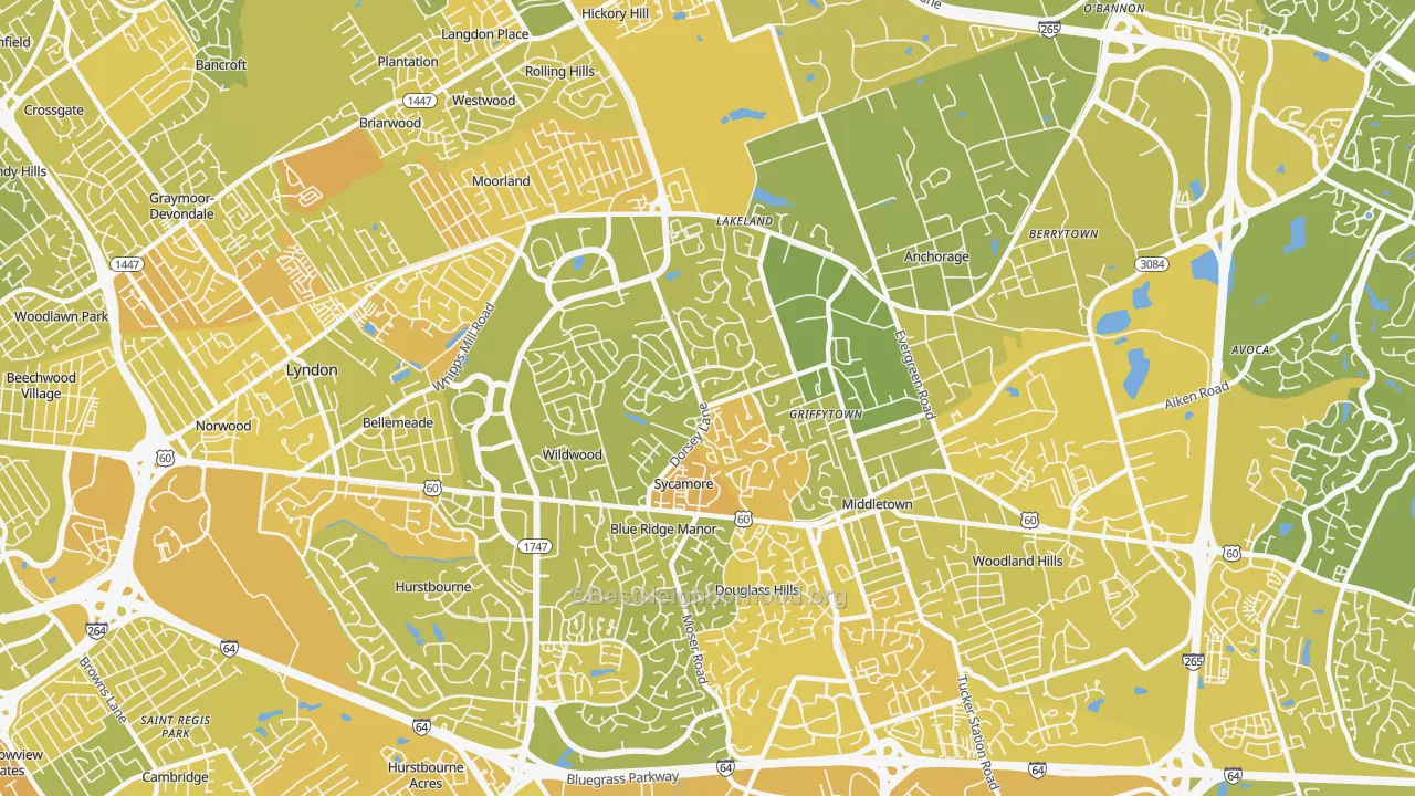 Map of the best neighborhoods in the 40223 area, with better matches in green and worse matches in red