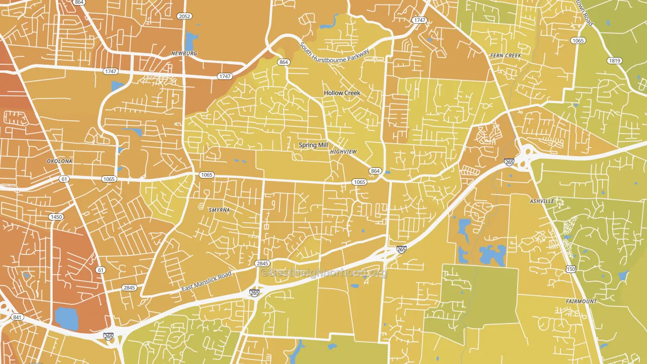 Map of the best neighborhoods in the 40228 area, with better matches in green and worse matches in red