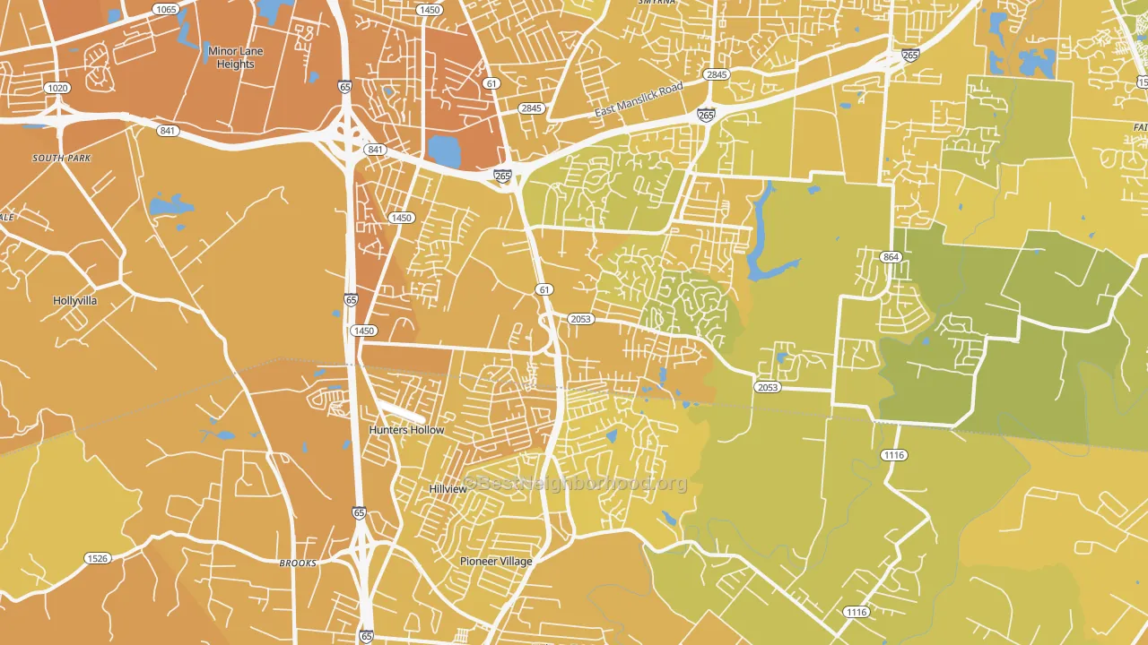 Map of the best neighborhoods in the 40229 area, with better matches in green and worse matches in red