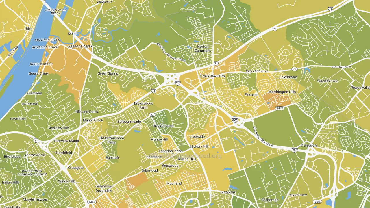 Map of the best neighborhoods in the 40241 area, with better matches in green and worse matches in red