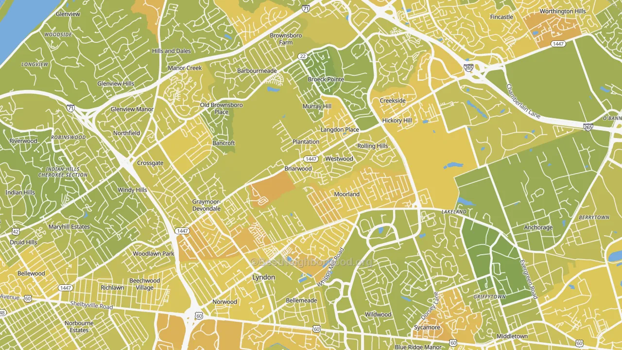 Map of the best neighborhoods in the 40242 area, with better matches in green and worse matches in red