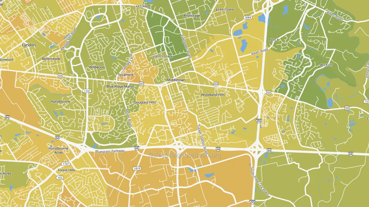 Map of the best neighborhoods in the 40243 area, with better matches in green and worse matches in red