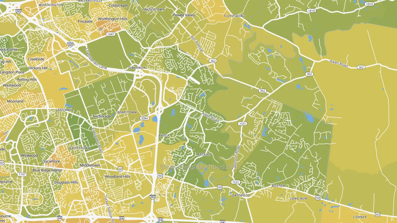 Map of the best neighborhoods in the 40245 area, with better matches in green and worse matches in red