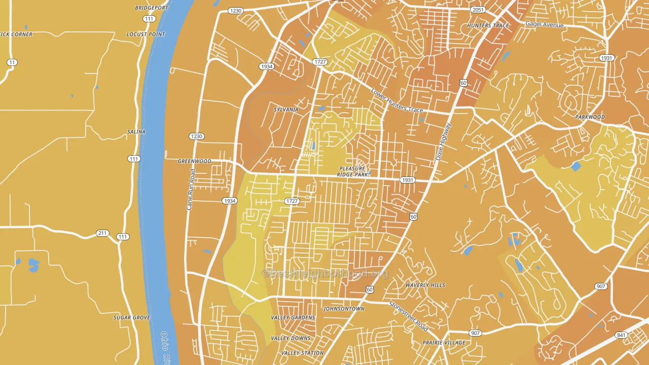 Map of the best neighborhoods in the 40258 area, with better matches in green and worse matches in red