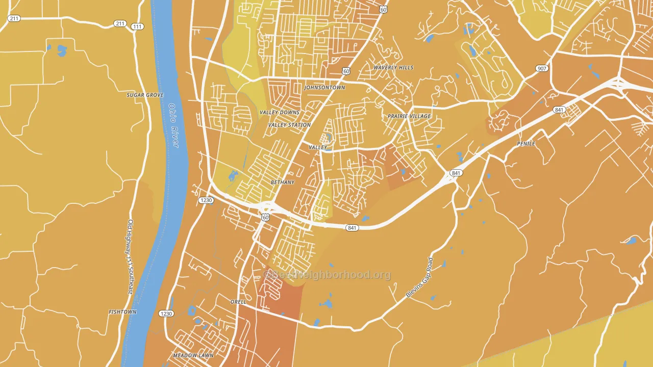 Map of the best neighborhoods in the 40272 area, with better matches in green and worse matches in red