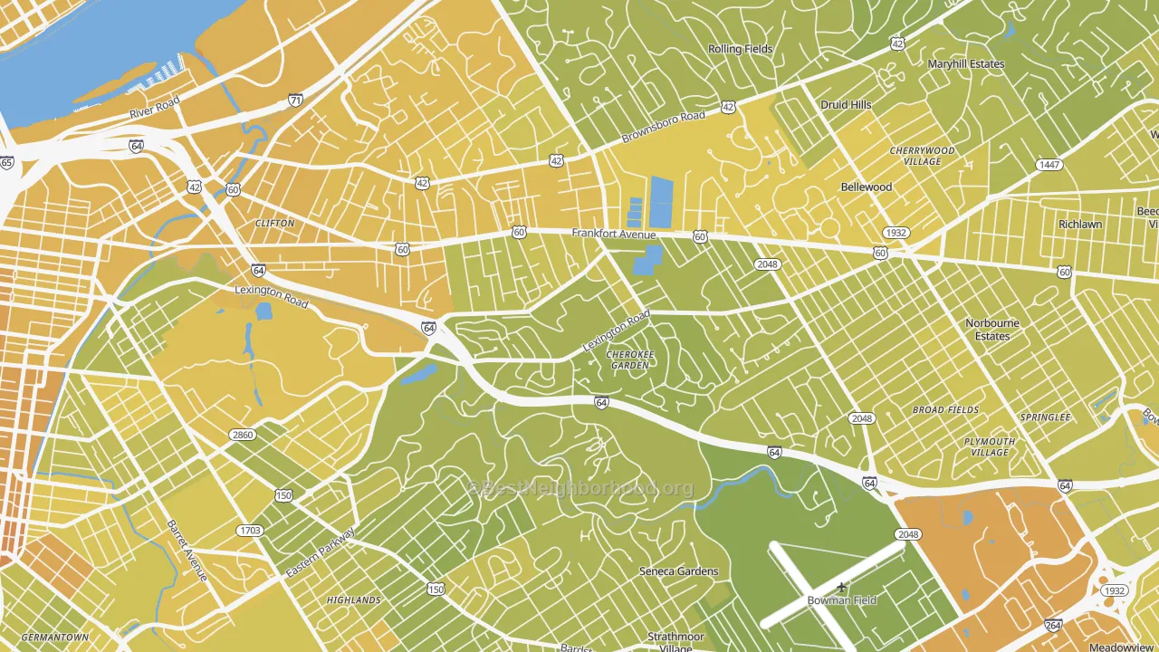 Map of the best neighborhoods in the 40280 area, with better matches in green and worse matches in red