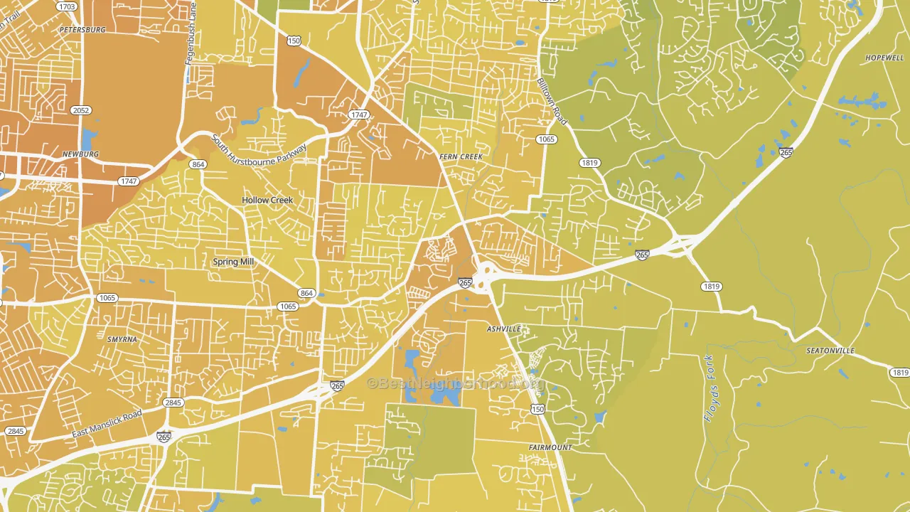 Map of the best neighborhoods in the 40291 area, with better matches in green and worse matches in red