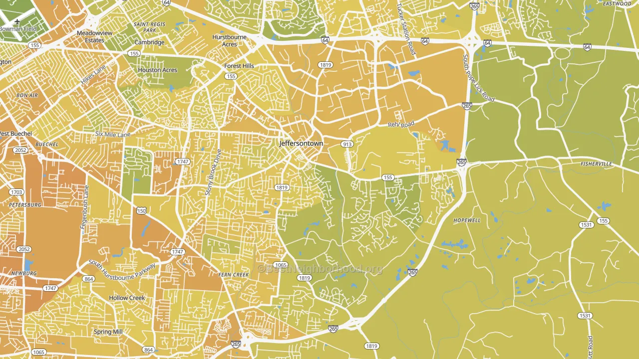 Map of the best neighborhoods in the 40299 area, with better matches in green and worse matches in red