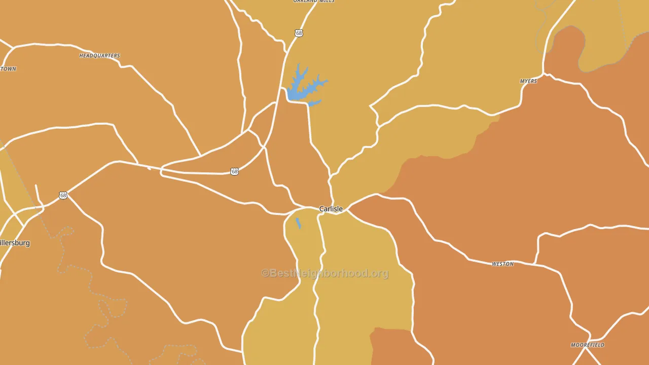 Map of the best neighborhoods in the 40311 area, with better matches in green and worse matches in red