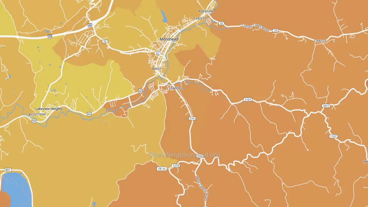 Map of the best neighborhoods in the 40313 area, with better matches in green and worse matches in red